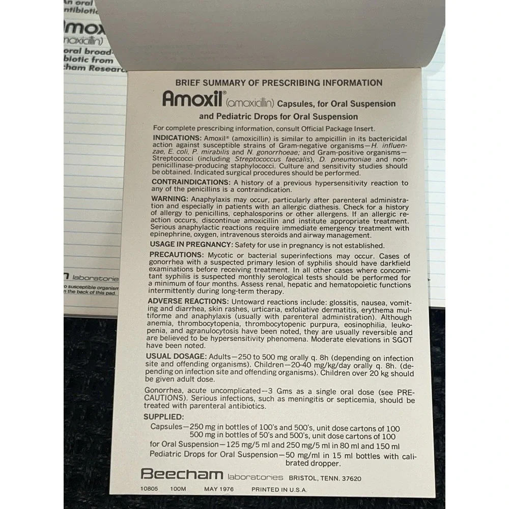 Amoxil 1976 Pharmaceutical Advertisement Notepad & Prescribing Instructions (5)